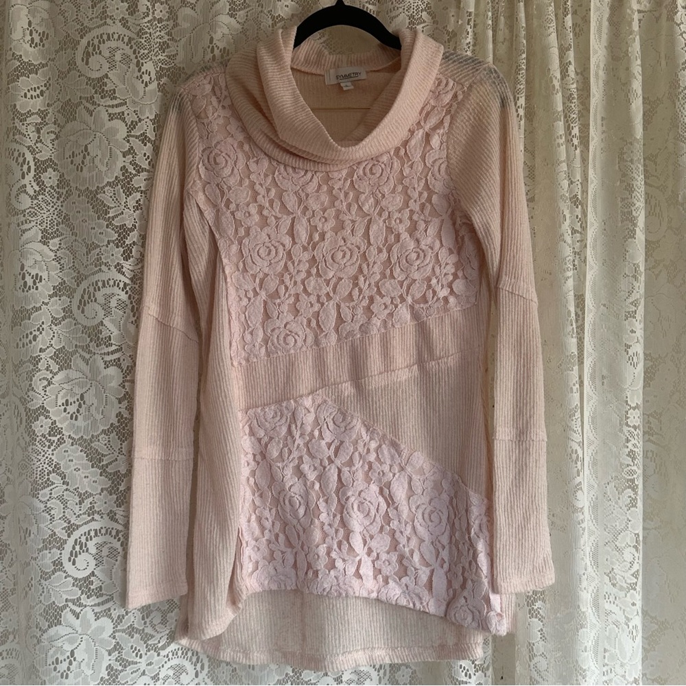 Symmetry Cowlneck Pink Sweater With Lace Roses
